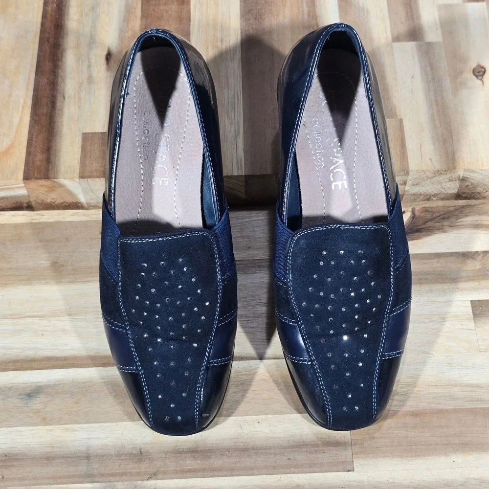 Soft Space Collection Women's Wedge Loafers Blue Suede Patent Size 35 EU Comfort
